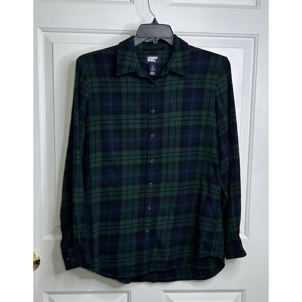 Lands End Flannel Button Up Shirt Womens L 14-16 Plaid Green Blue Brushed Cotton